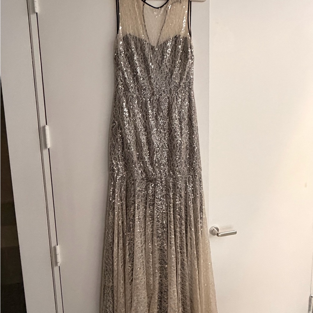 Sequined Silver Evening Gown - Elegant Sleeveless Dress